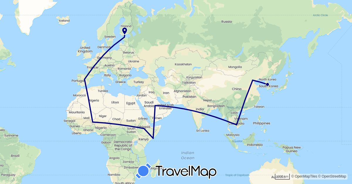 TravelMap itinerary: driving in China, Estonia, Spain, Ethiopia, Finland, Cambodia, South Korea, Niger, Saudi Arabia, Somalia (Africa, Asia, Europe)