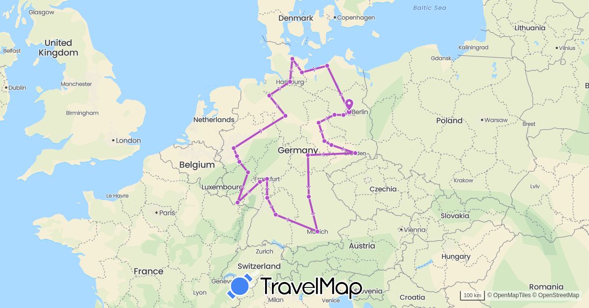 TravelMap itinerary: driving, train in Germany (Europe)