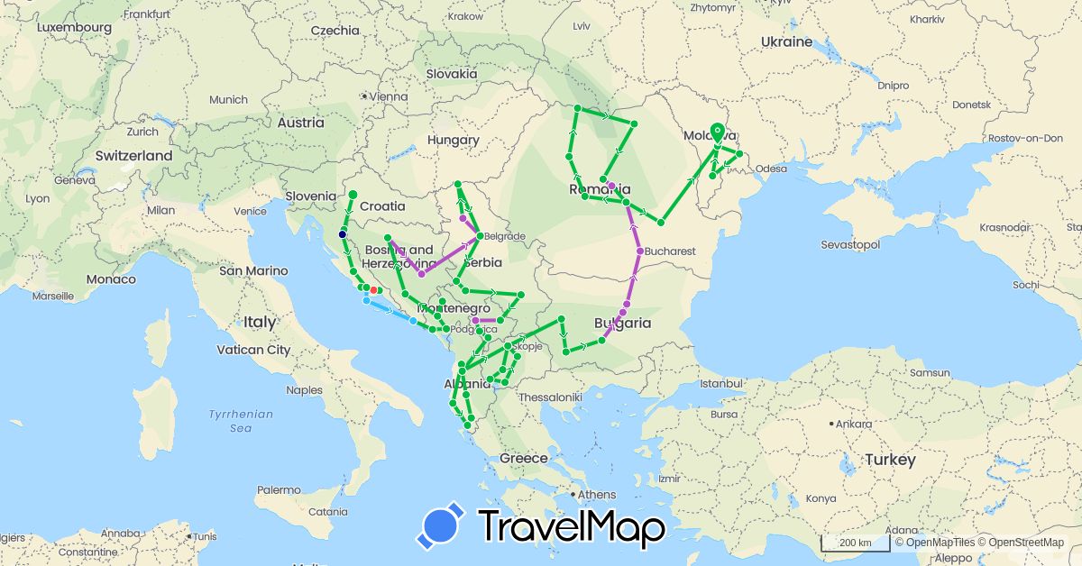 TravelMap itinerary: driving, bus, train, hiking, boat in Albania, Bosnia and Herzegovina, Bulgaria, Croatia, Moldova, Montenegro, Macedonia, Romania, Serbia, Kosovo (Europe)